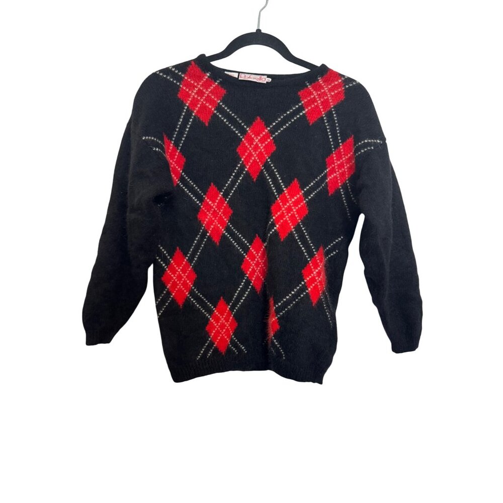 Vintage Rafaella Petites Womens Argyle Sweater M Black Red Wool Blend Angora Pul